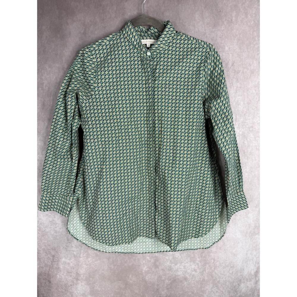 Ann Mashburn Cotton Button Front Curve Hem Round Collar Print Shirt In Green S
